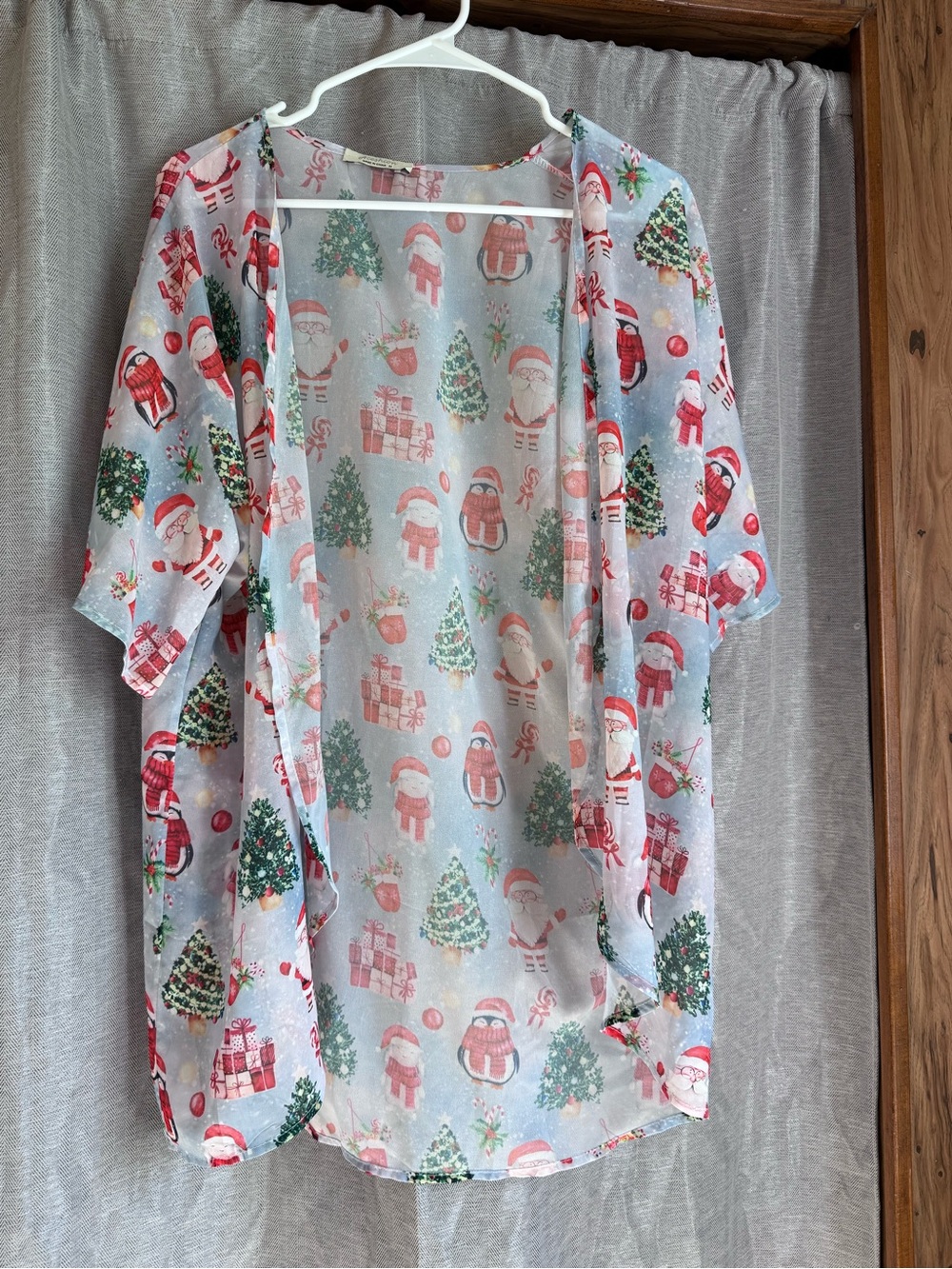 Sheer Christmas Kimono Cover-Up with Santa & Tree Print